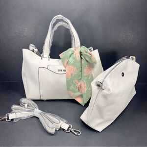 Steve Madden White Pebbled Leather Tote with Floral Scarf and Cosmetic Pouch New